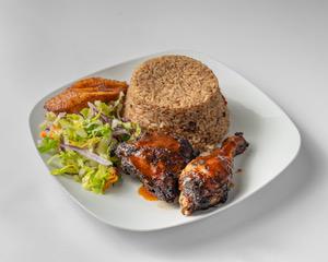 Jerk Chicken plate with rice and peas and fried plantain