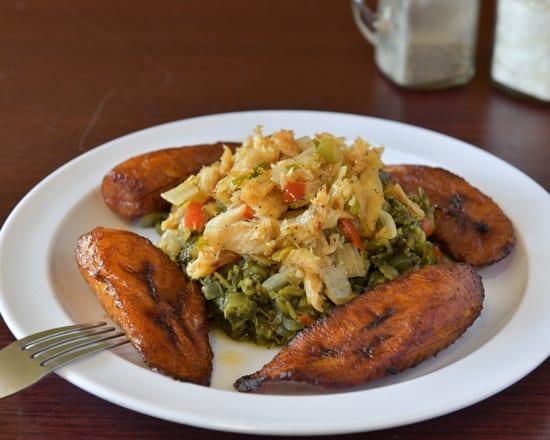 Callaloo and Salt Fish with fried plantain