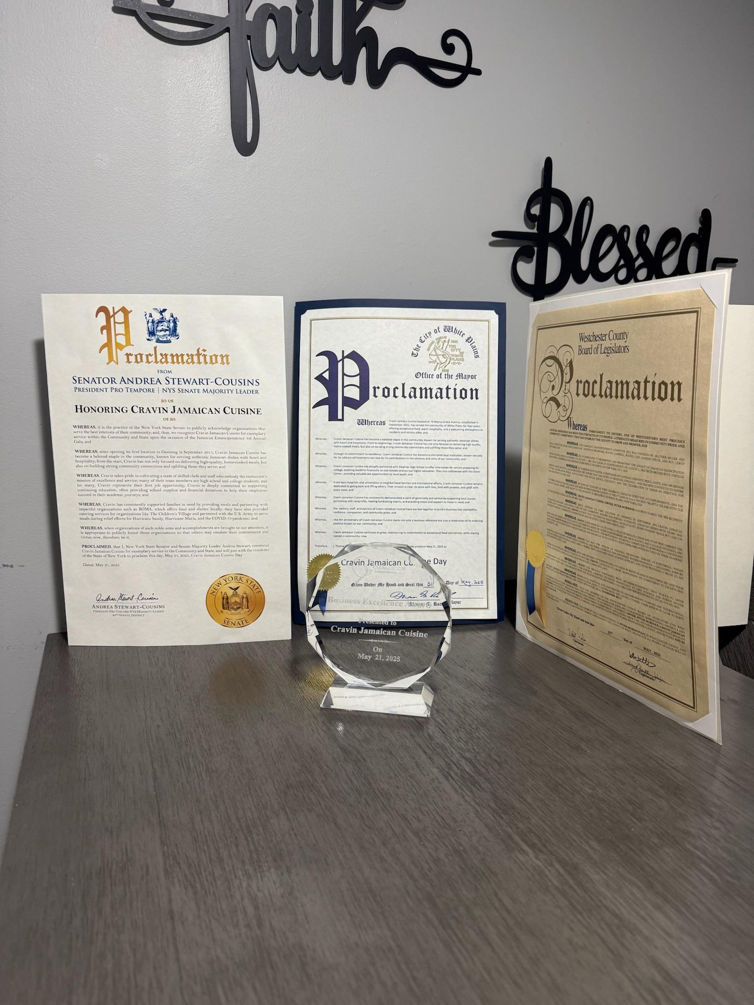 Cravin Jamaican Cuisine proclamations and Business Excellence Award